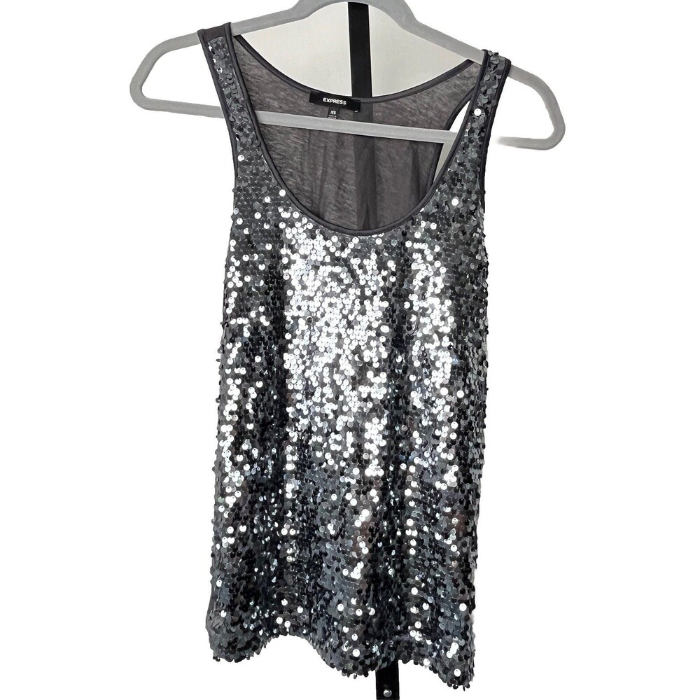 Express Sequin Sleeveless Camisole Blouse XS Black Silver Sparkle Glam Night Out